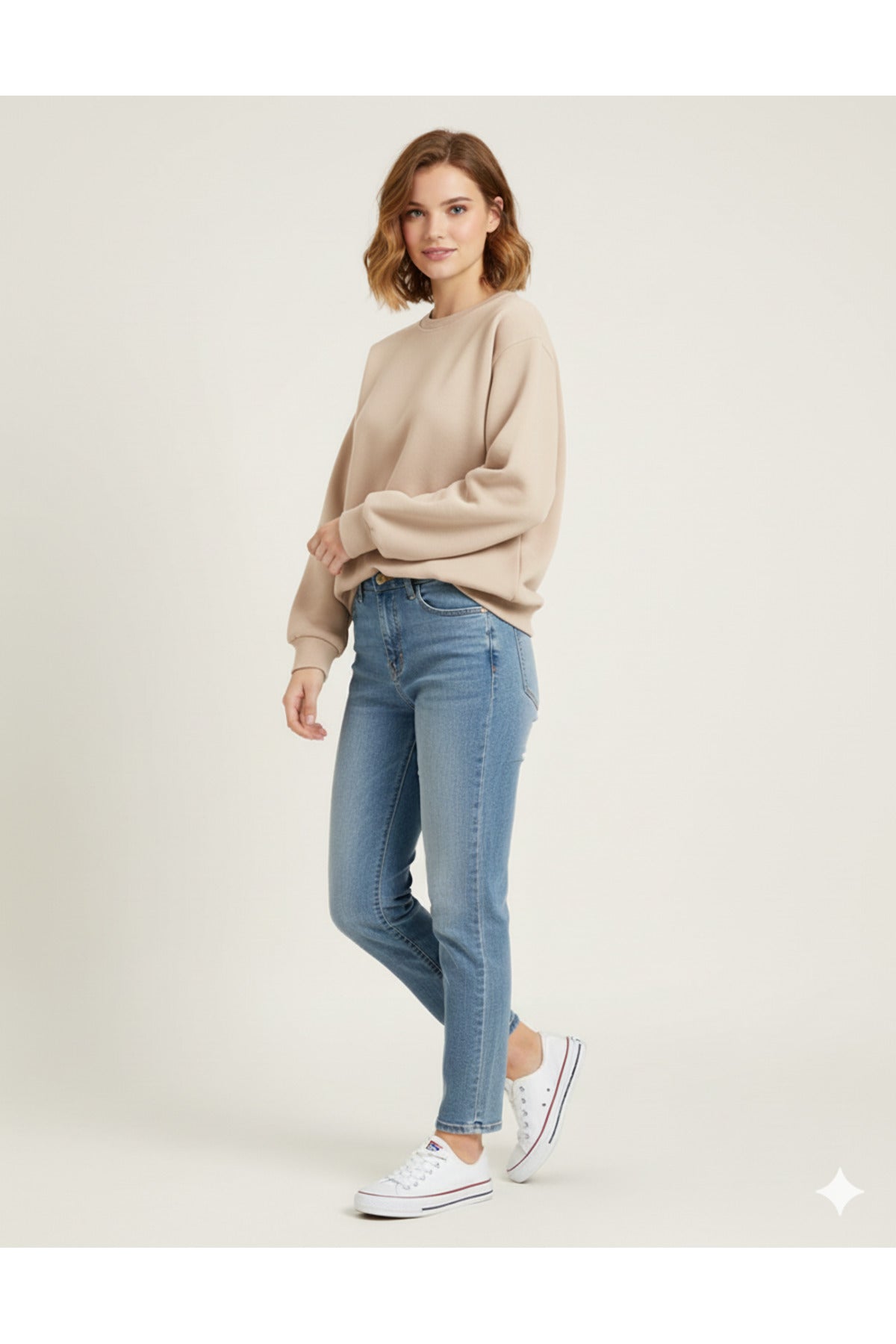 Basic Düz Baskısız Kadın Bisiklet Yaka Sweatshirt