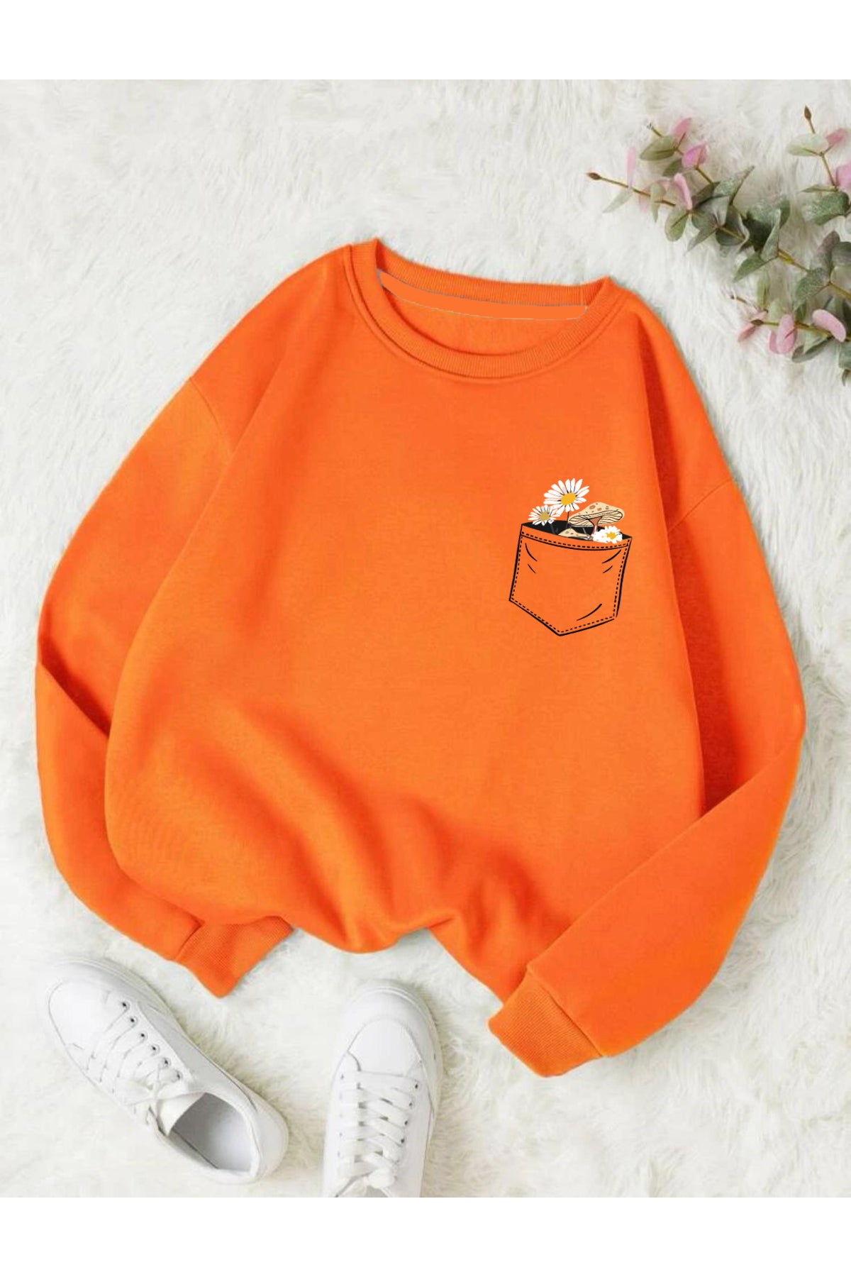 Çiçek Baskılı Bisiklet Yaka Pamuklu Sweatshirt