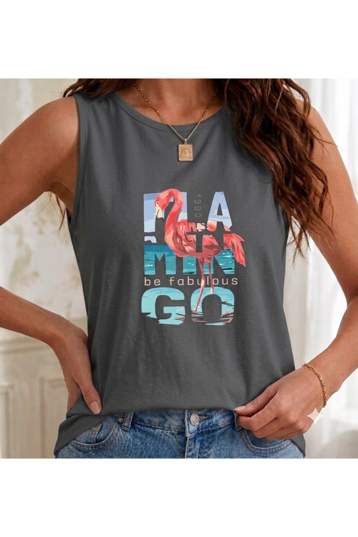 1990 Flamingo Baskılı ( Omuzu Açık ) Kadın Askılı Atlet T-shirt