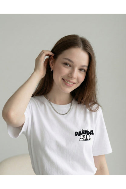Sleepy Panda Baskılı Regular Kalıp Pamuklu Kadın Tshirt Tişört T-Shirt