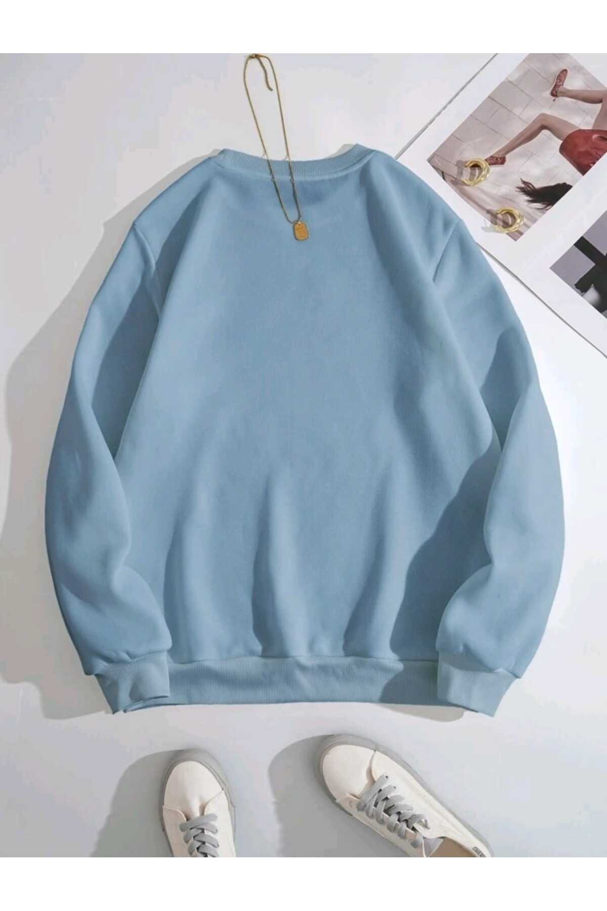 Düz Baskısız Giy Çık Oversize Kalıp Bisiklet Yaka Sweatshirt