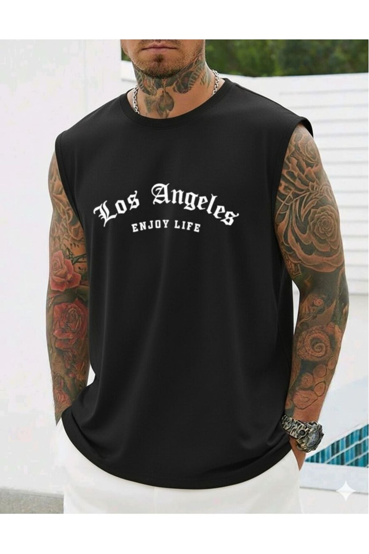 LOS ANGELES ENJOY LIFE Baskılı Erkek Sıfır Kol Sporcu Tshirt