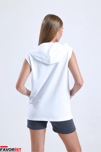 STAR Baskılı Unisex Sıfır Kol TSHİRT Kapşonlu Spor Giyim