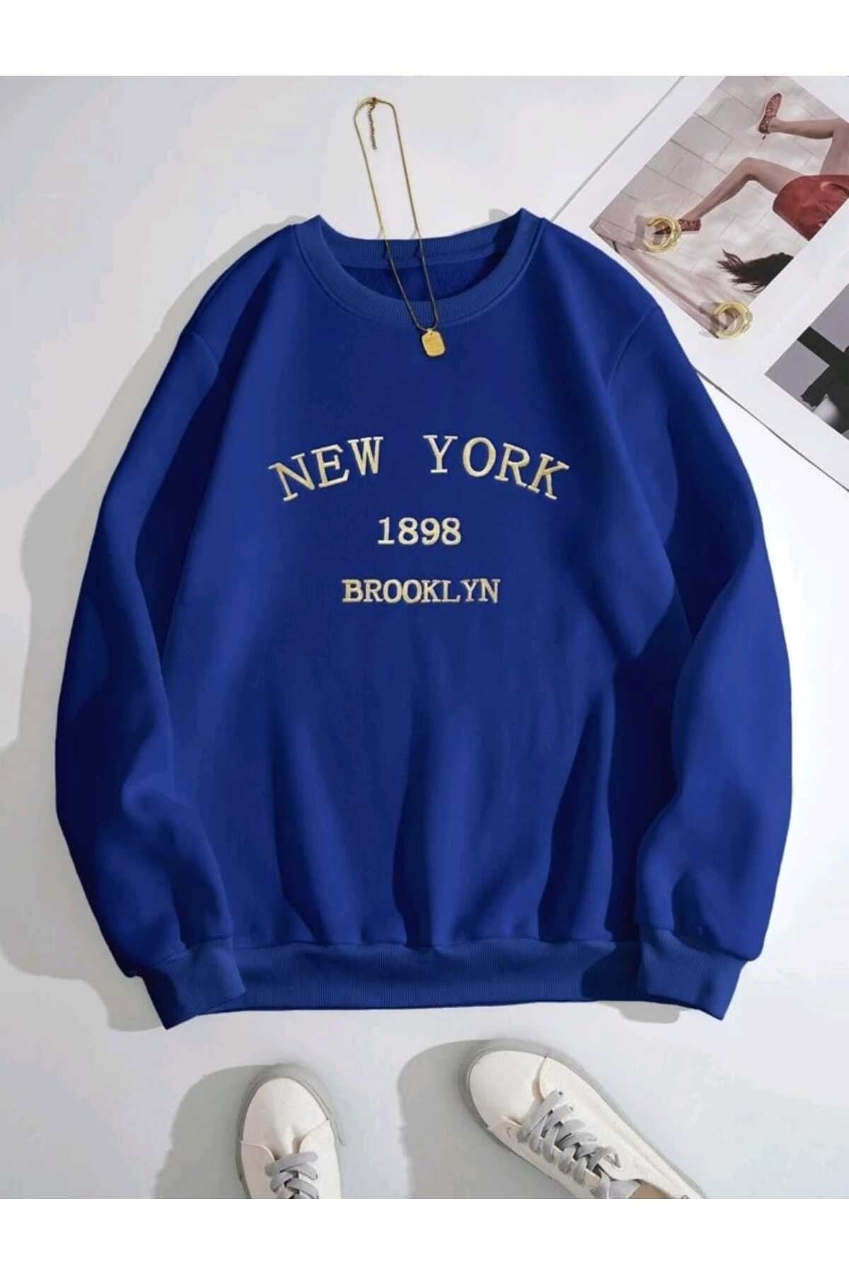 New York 1898 Baskılı Bisiklet Yaka Pamuklu Sweatshirt