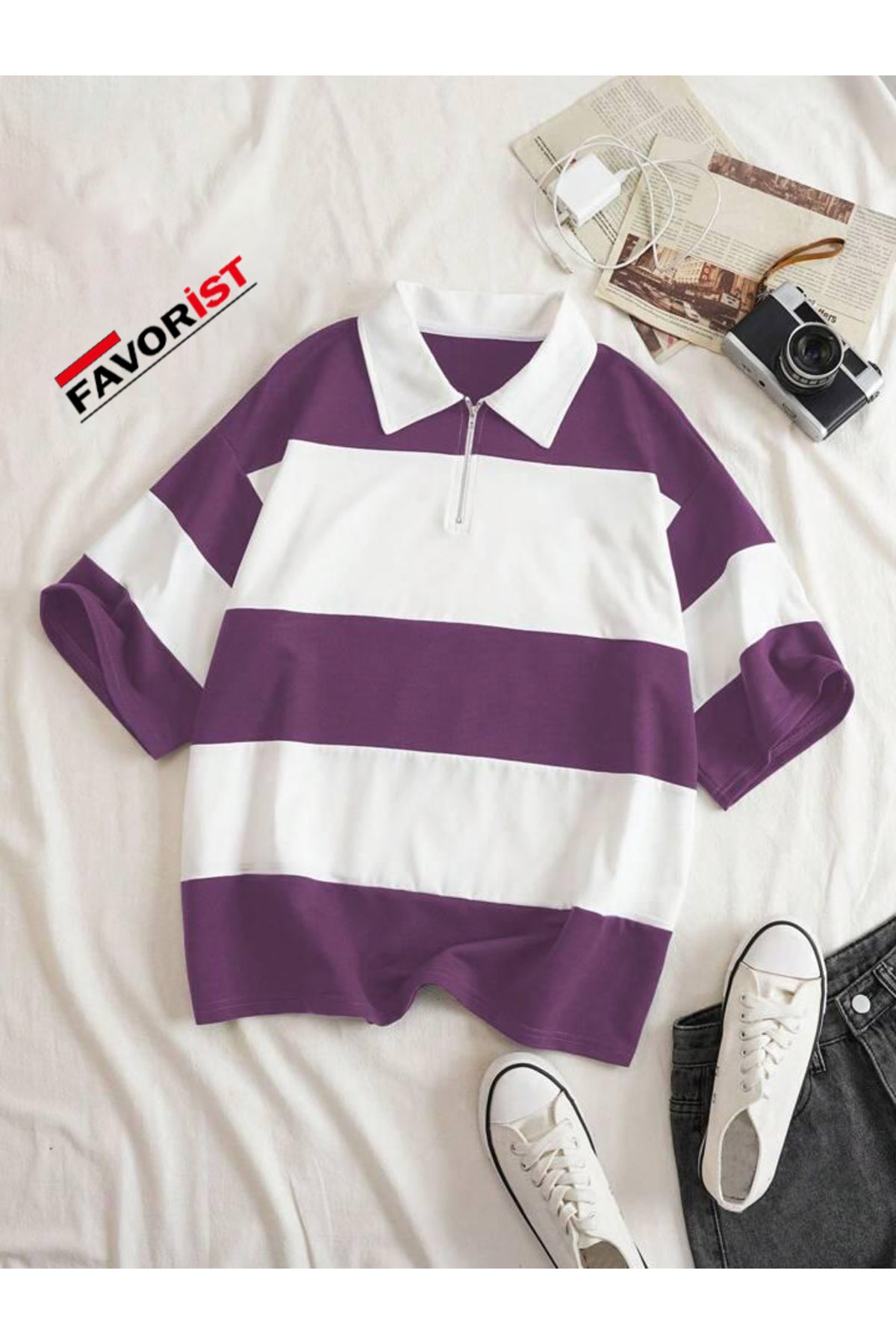 Unisex Multi Renk Düz Çizgili Fermuarlı Polo Yaka Oversize T-shirt
