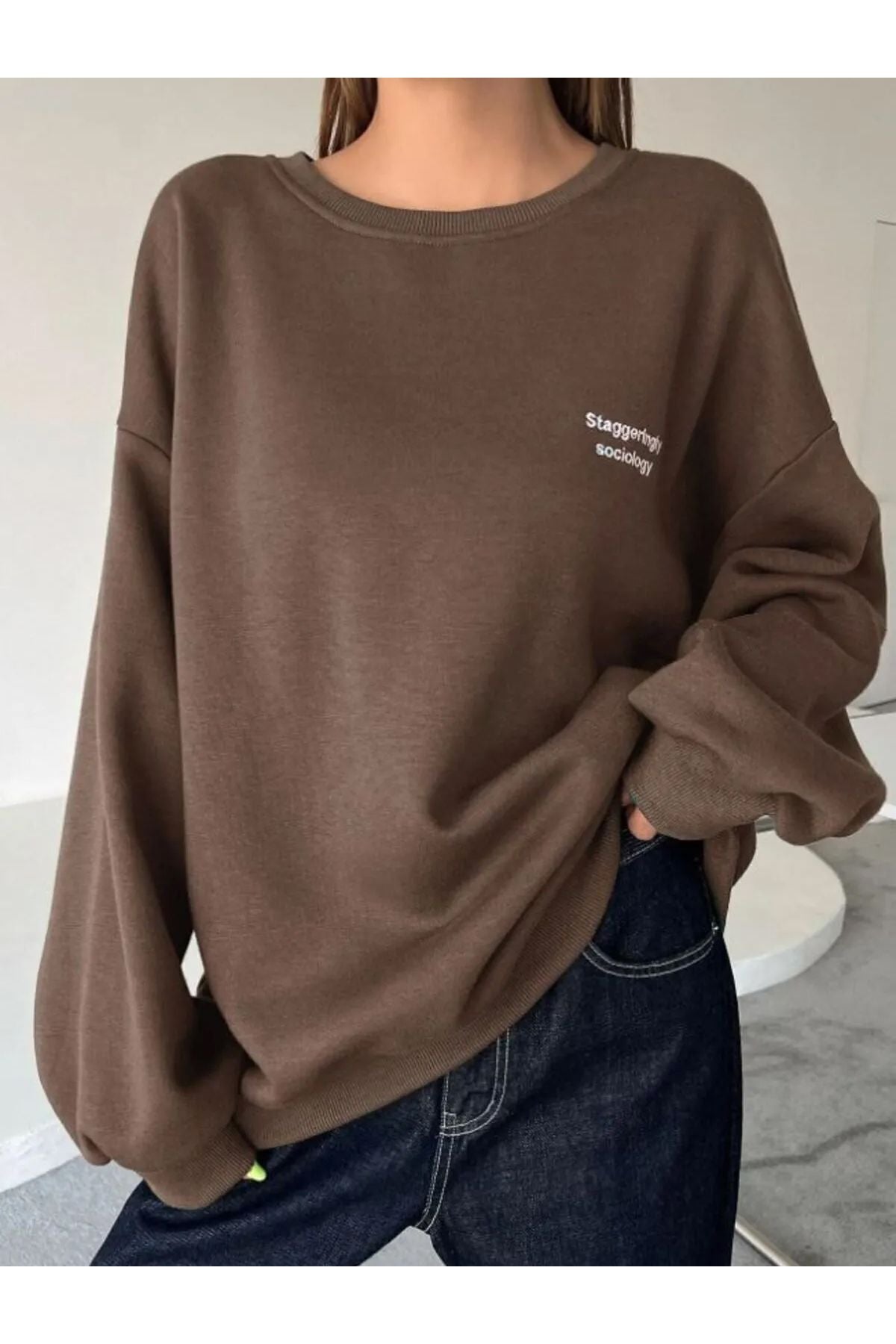 Stagger Baskılı Bisiklet Yaka Sweatshirt