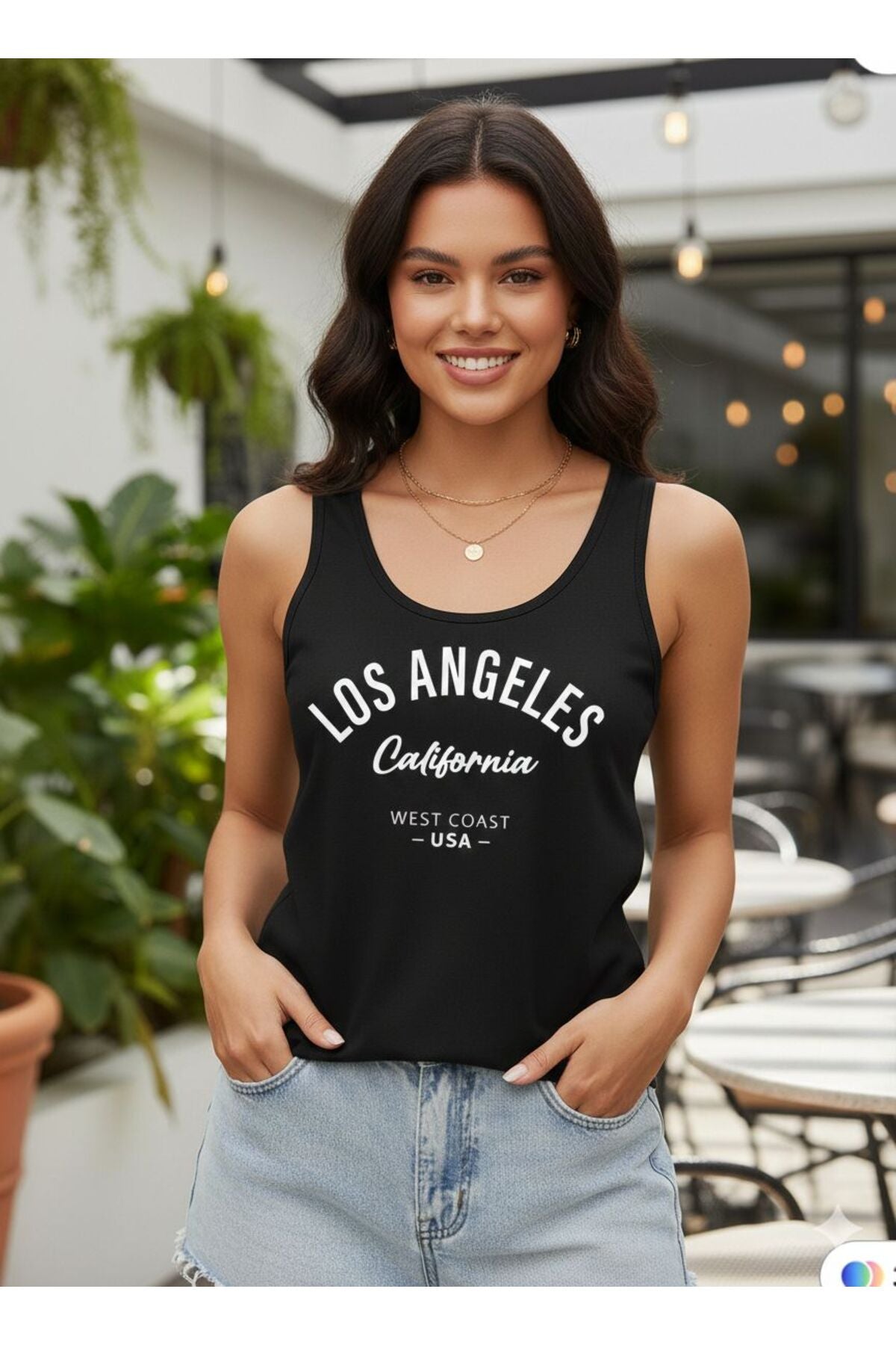 Los Angeles California Baskılı Kadın Siyah Omuzu Açık Askılı Yazlık Pamuklu T-shirt