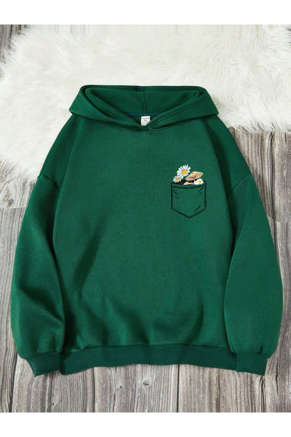 Cep Çiçek Baskılı Kapşonlu Sweatshirt Oversize Geniş Kalıp