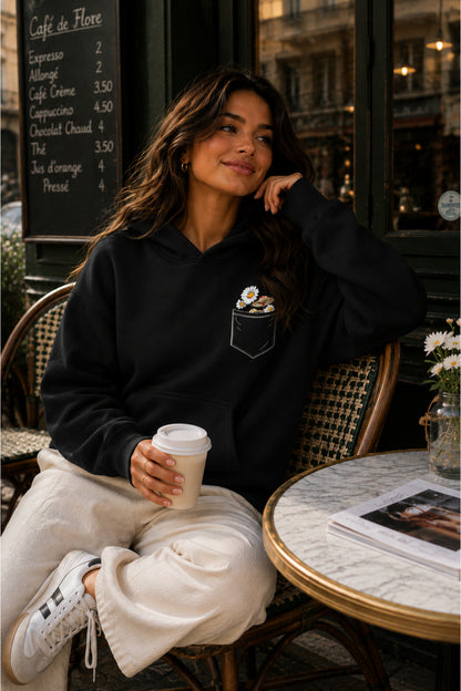 Kadın Cep Çiçek Baskılı KAPÜŞONLU Oversize Sweatshirt (3 İPLİK)