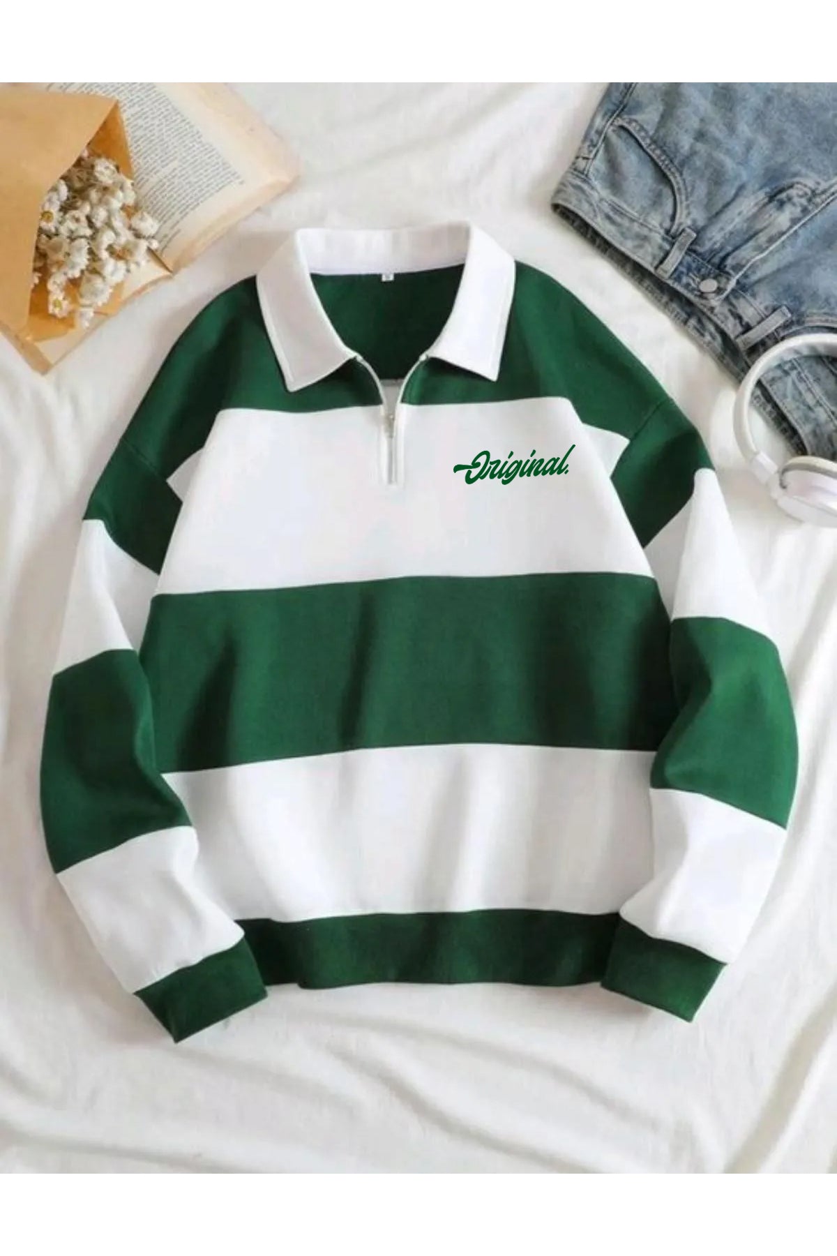 Original Unisex Kahverengi Çizgili Oversize Polo Yaka Yarım Fermuarlı Sweatshirt