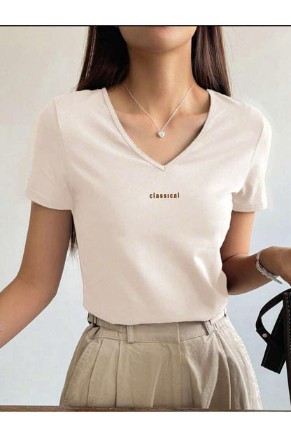 V Yaka Basic Pamuklu CLASSİCAL Baskılı Tshirt