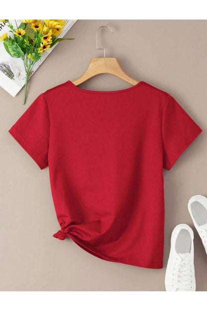 V Yaka Basic Çiçek Baskılı Pamuklu Tshirt (NORMAL KALIP)