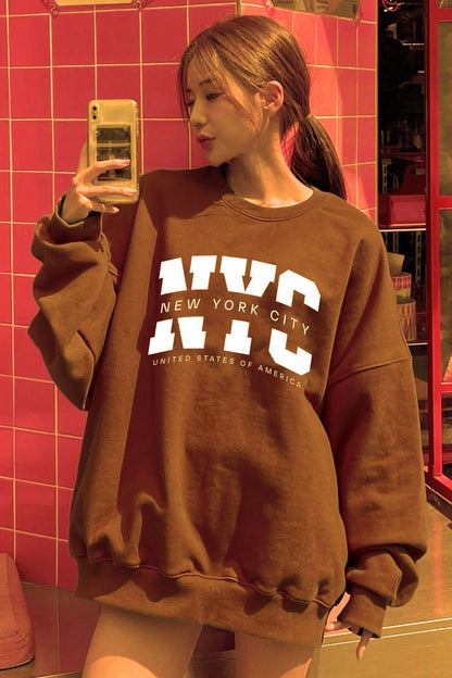 NYC Baskılı Bisiklet Yaka Sweatshirt
