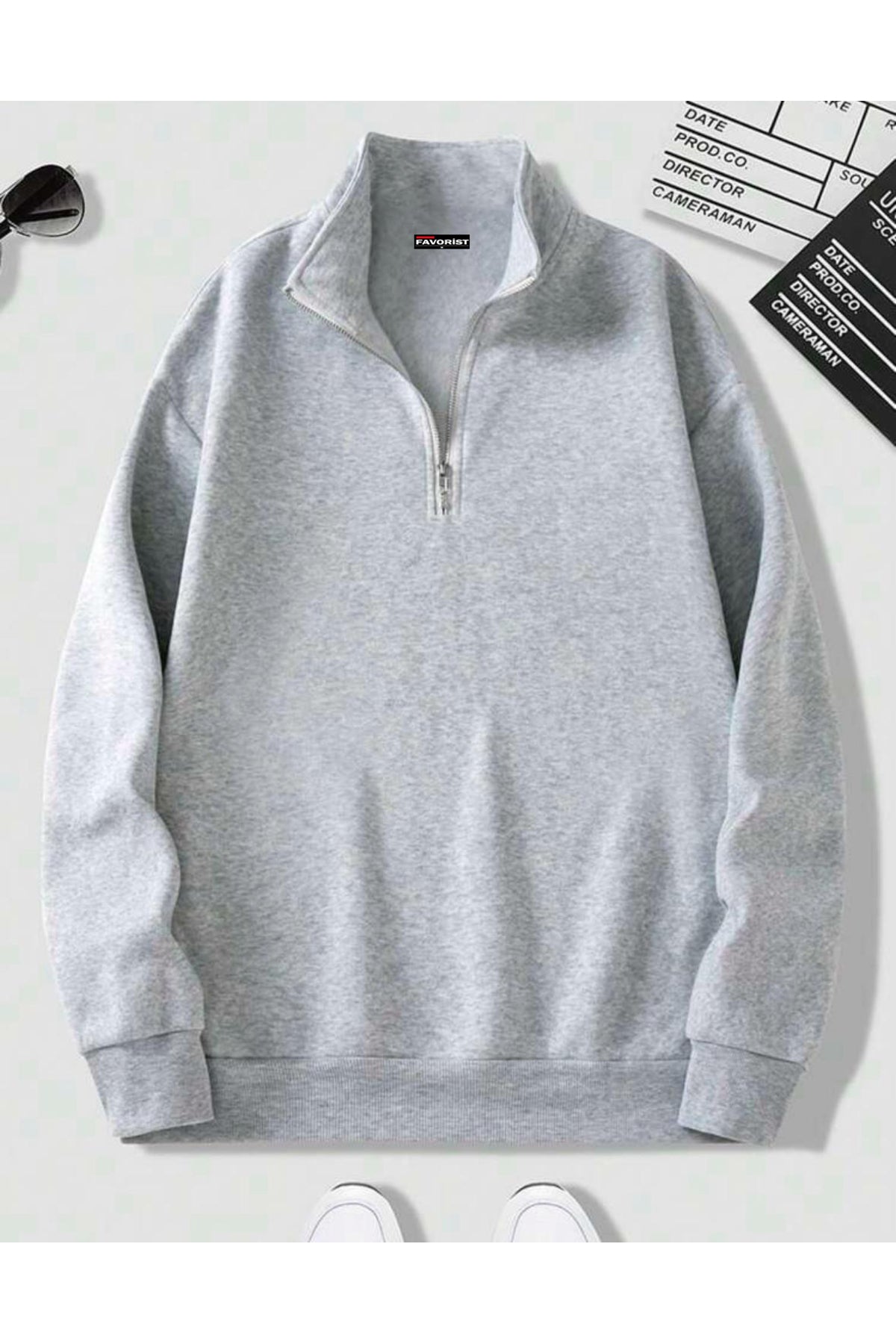 Dik Yaka Yarım Fermuarlı Düz Kazak Sweatshirt