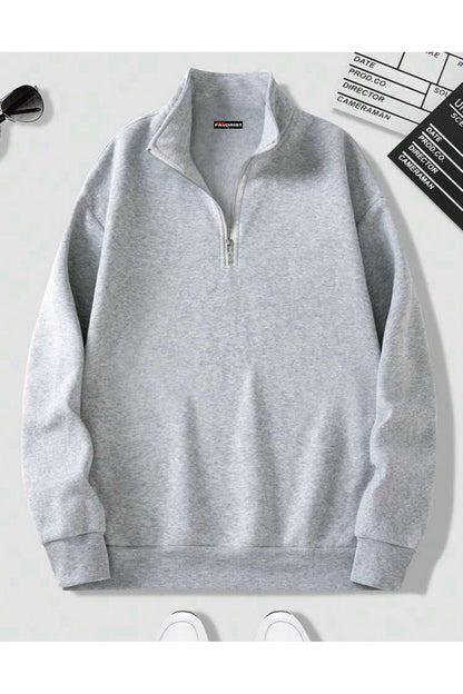 Dik Yaka Yarım Fermuarlı Düz Kazak Sweatshirt