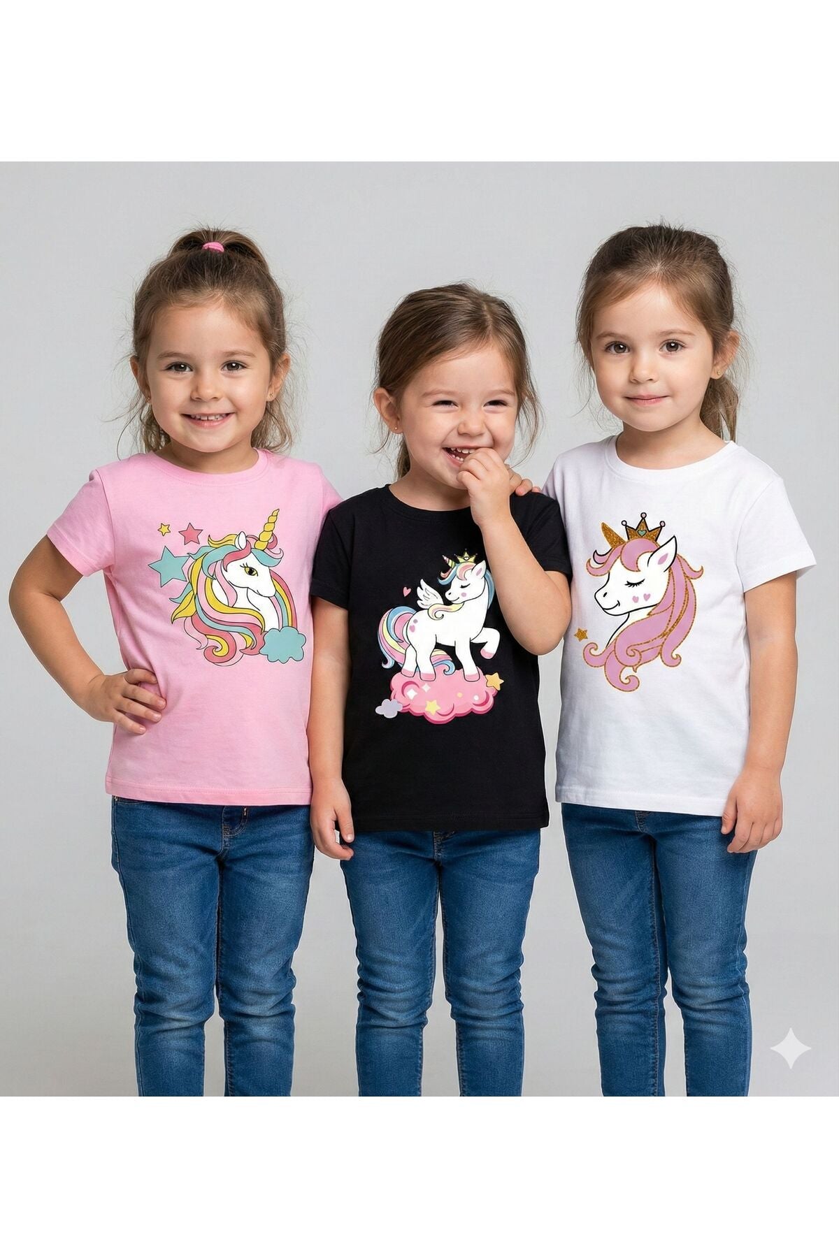 3'lü Paket Unicornlar Baskılı Çocuk Pamuklu Tshirt
