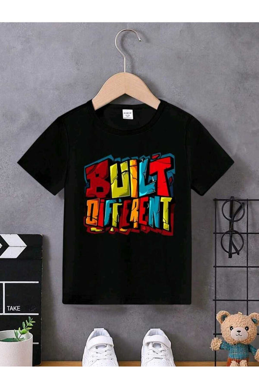 Çocuk BUILT DIFFERENT Baskılı Bisiklet Yaka Pamuklu T-shirt