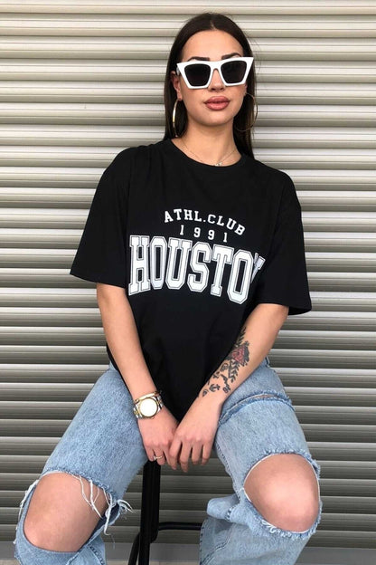 Houston 1991 Baskılı Oversize ( Geniş Kalıp ) Bisiklet Yaka Pamuk Spor Tshirt