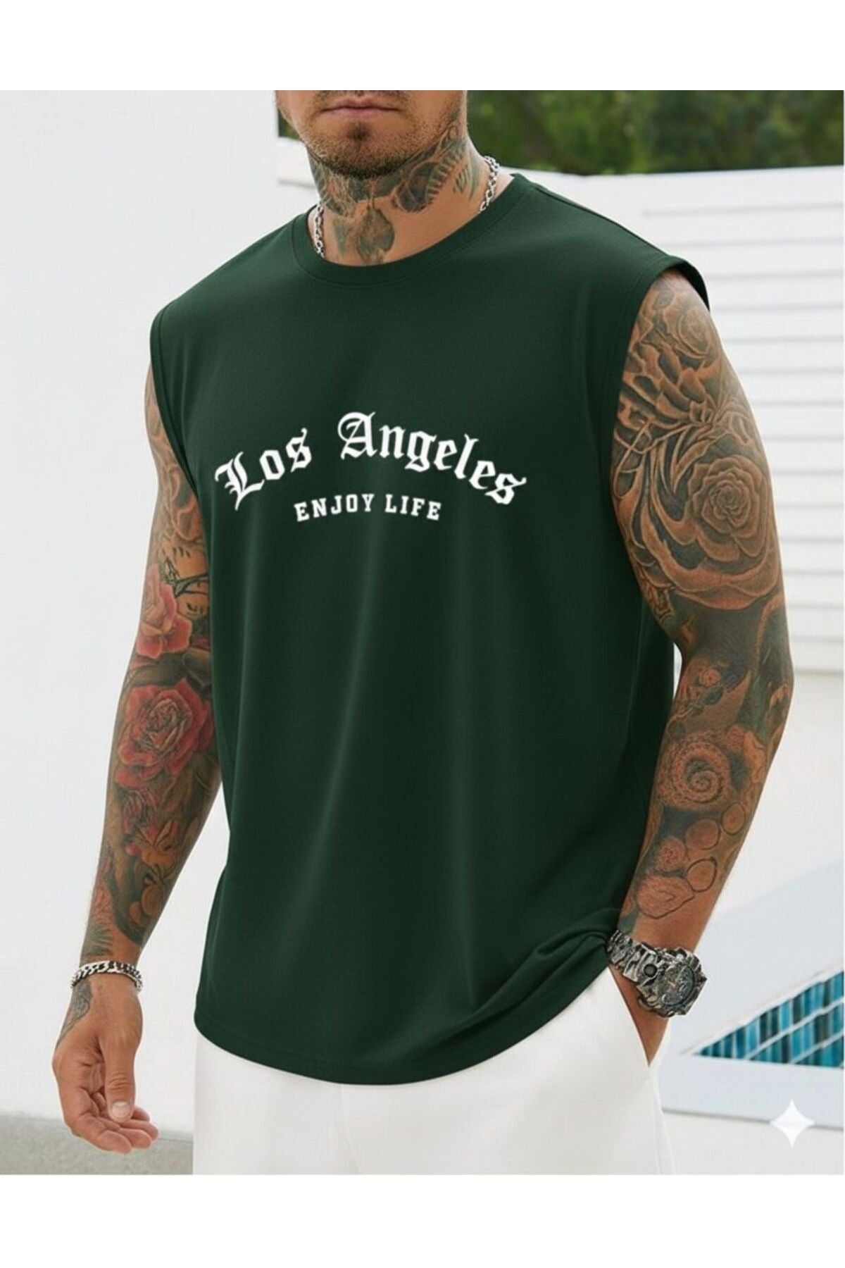 LOS ANGELES ENJOY LIFE Baskılı Erkek Sıfır Kol Sporcu Tshirt