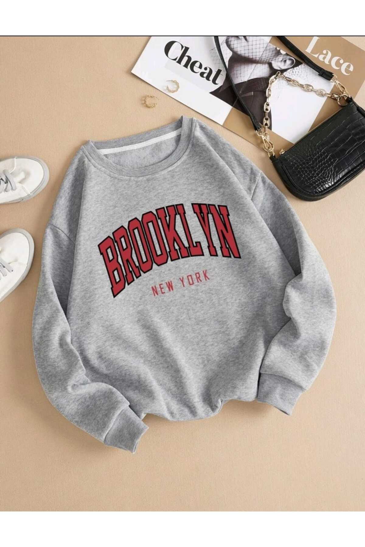 Brooklyn Baskılı Sweatshirt ( Bisiklet Yaka ) Unisex Pamuklu Özel Seri