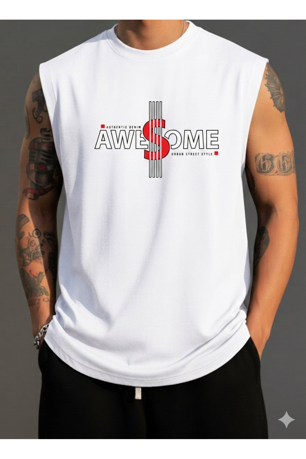 Erkek Sıfır Kol MİX Baskılı T-Shirt
