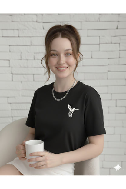 Colibri Baskılı Bisiklet Yaka Kadın Tshirt