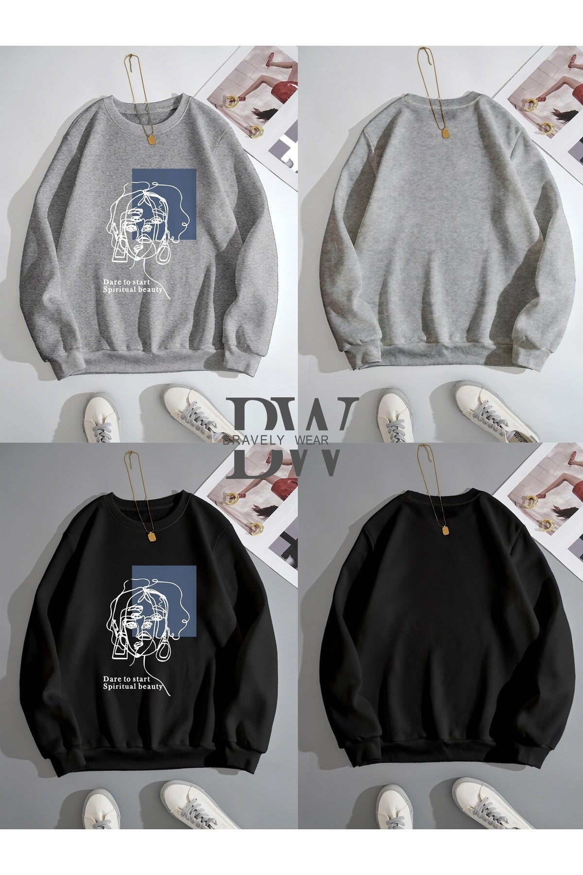 Beauty Baskılı İkili Takım Gri Ve Siyah Sweatshirt