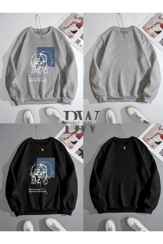 Beauty Baskılı İkili Takım Gri Ve Siyah Sweatshirt
