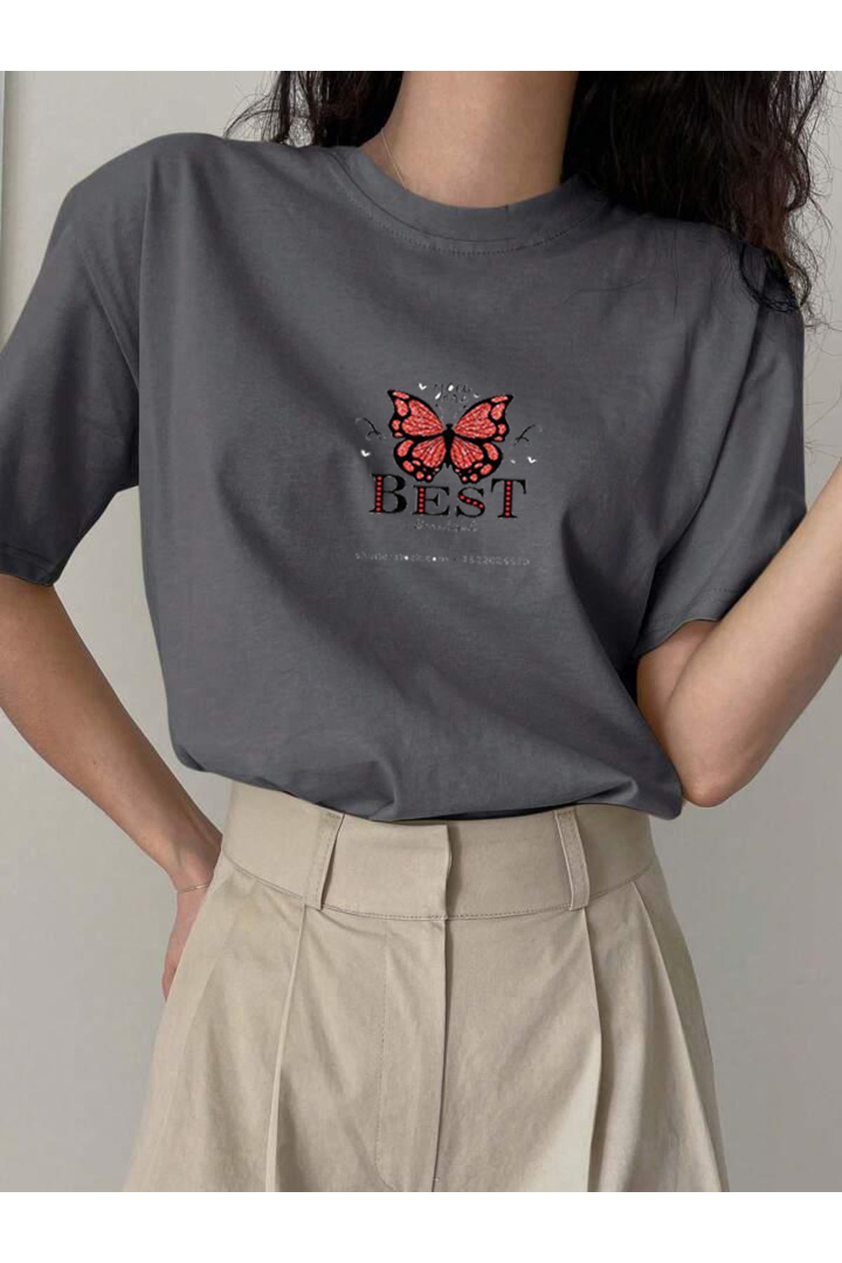 BEST Kelebek Baskılı Pamuklu Kısa Kol (Oversize) Tshirt