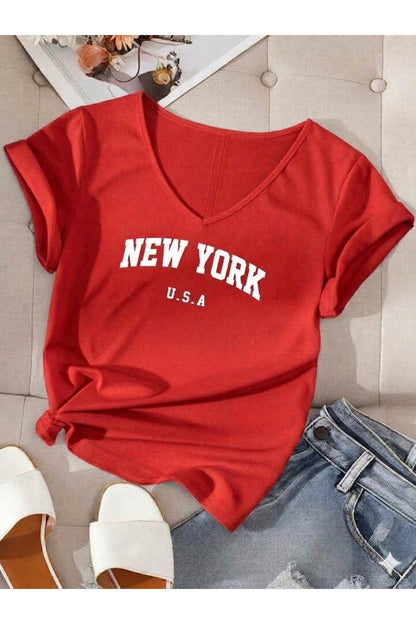 Kadın New York USA Baskılı V Yaka T-shirt