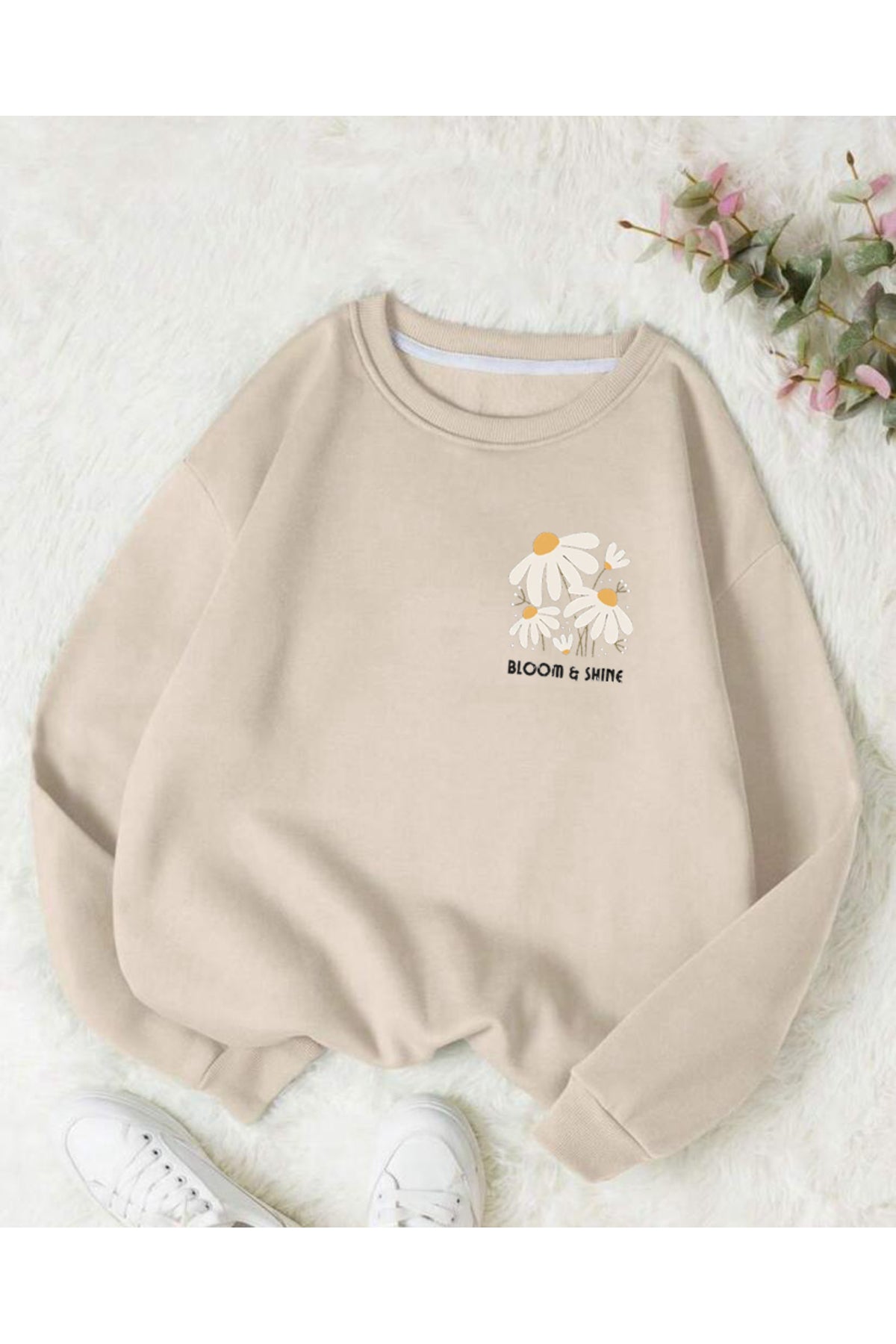 BLOOM & SHINE Baskılı Bisiklet Yaka OVERSIZE Sweatshirt ( GENİŞ KALIP )
