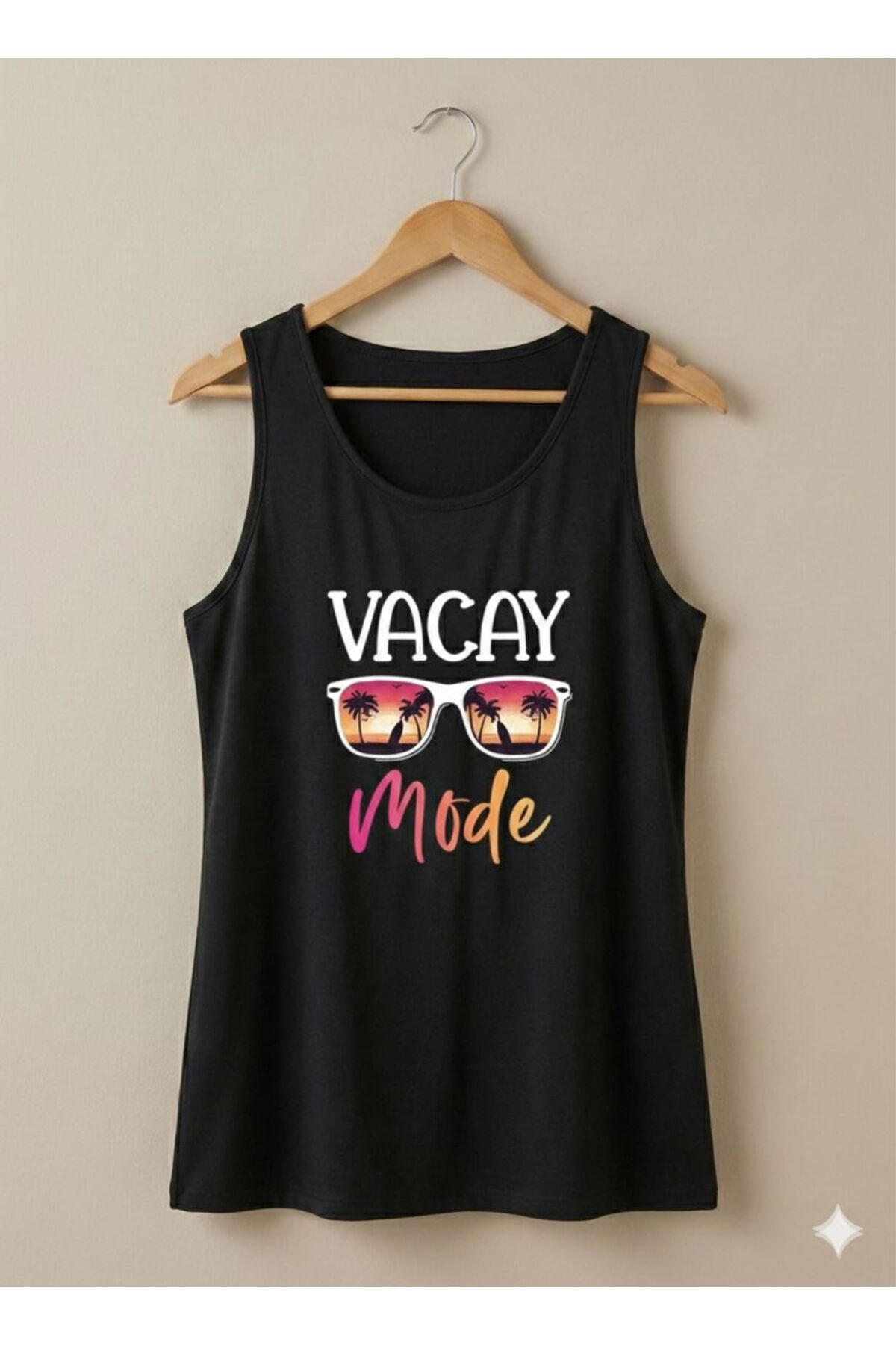 Vacay Mode Baskılı Kadın Siyah Omuzu Açık Askılı Yazlık Pamuklu T-shirt