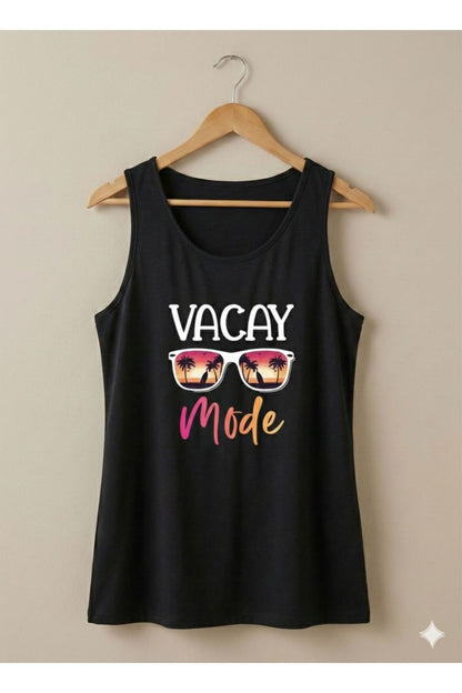 Vacay Mode Baskılı Kadın Siyah Omuzu Açık Askılı Yazlık Pamuklu T-shirt