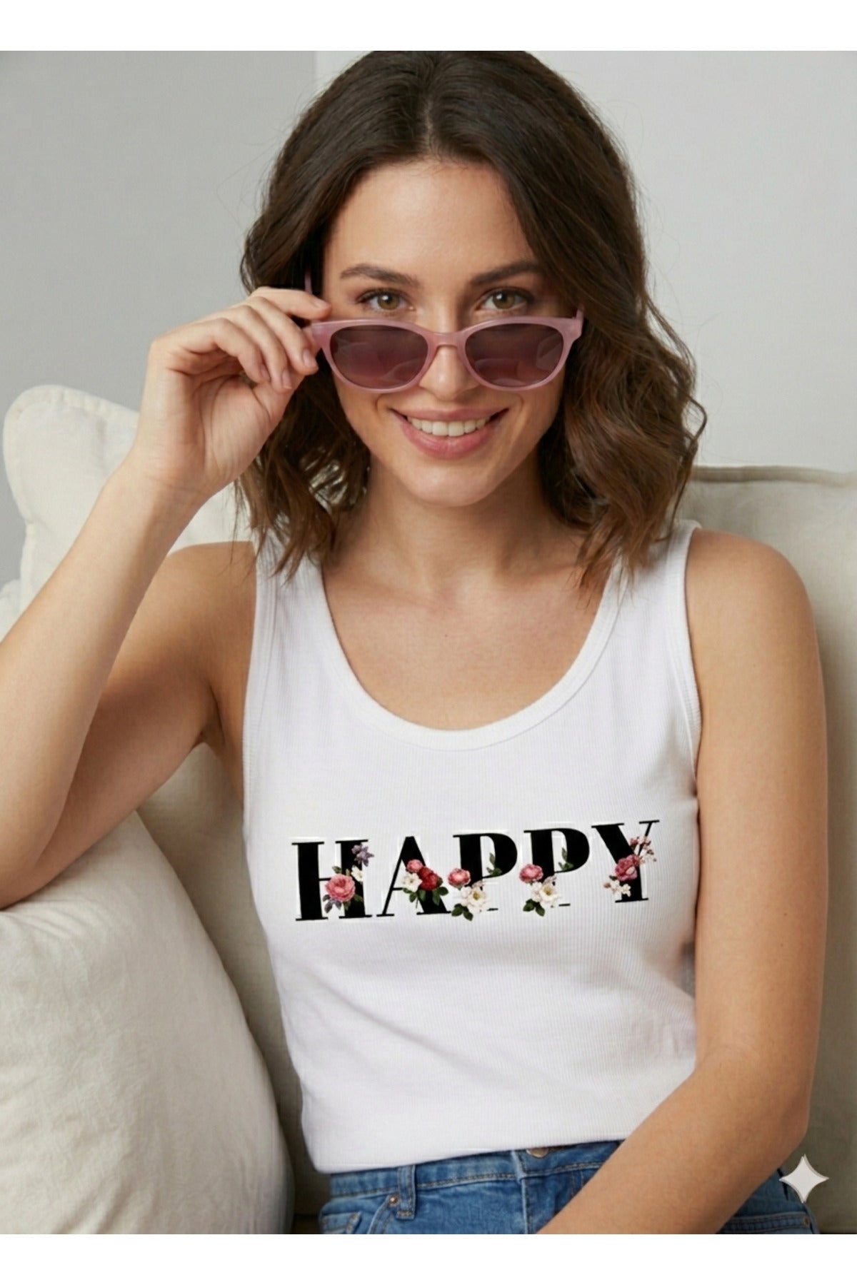 HAPPY Baskılı Omuzu Açık Kadın Atlet T-Shirt