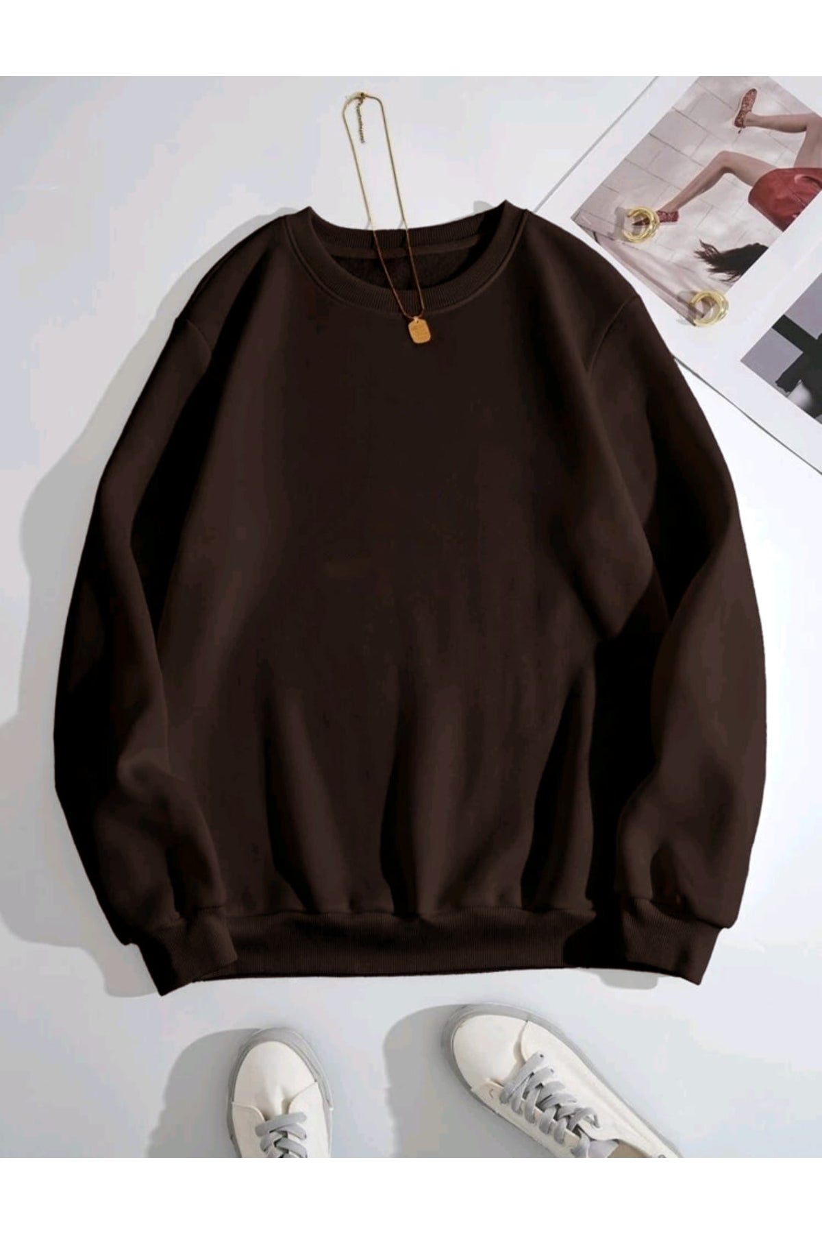 Düz Baskısız Giy Çık Oversize Kalıp Bisiklet Yaka Sweatshirt