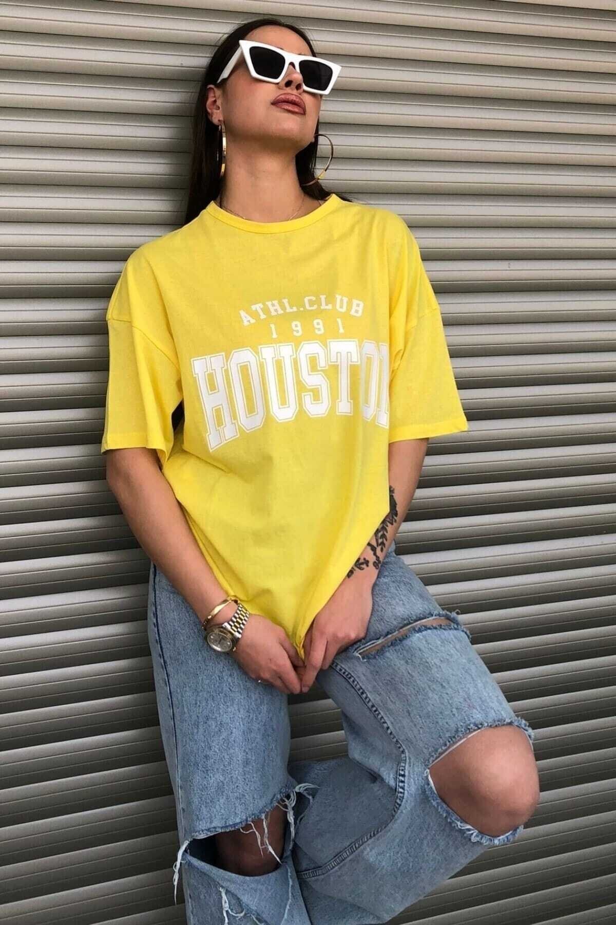 Houston 1991 Baskılı Oversize ( Geniş Kalıp ) Bisiklet Yaka Pamuk Spor Tshirt