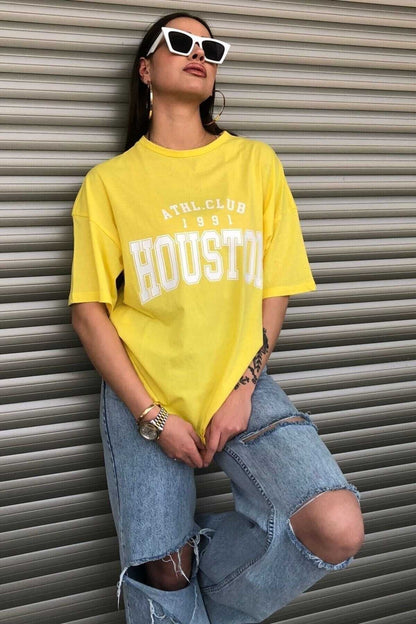 Houston 1991 Baskılı Oversize ( Geniş Kalıp ) Bisiklet Yaka Pamuk Spor Tshirt