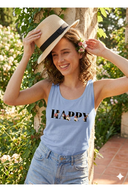 HAPPY Baskılı Omuzu Açık Kadın Atlet T-Shirt
