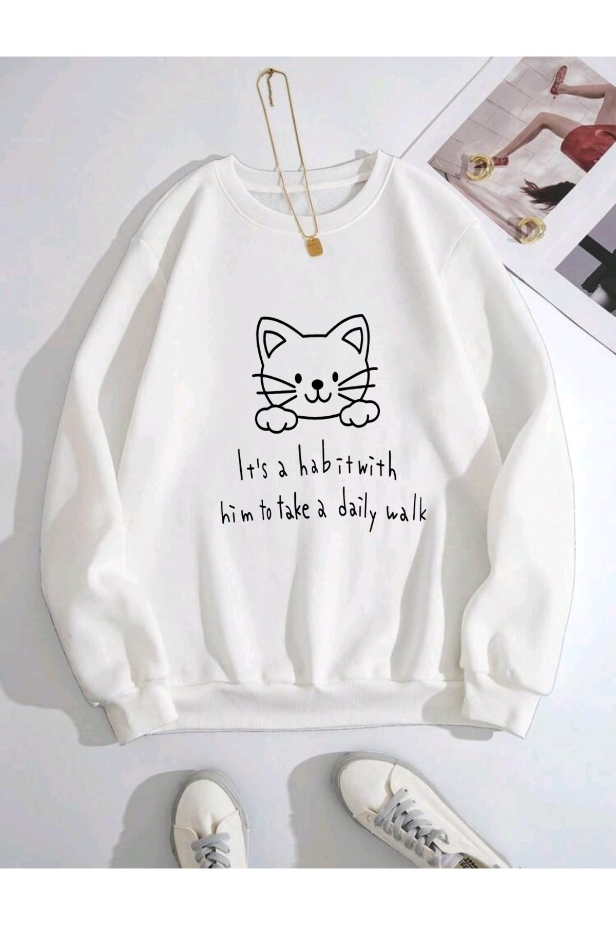Kedi Kulaklı Bisiklet Yaka Sweatshirt Unisex
