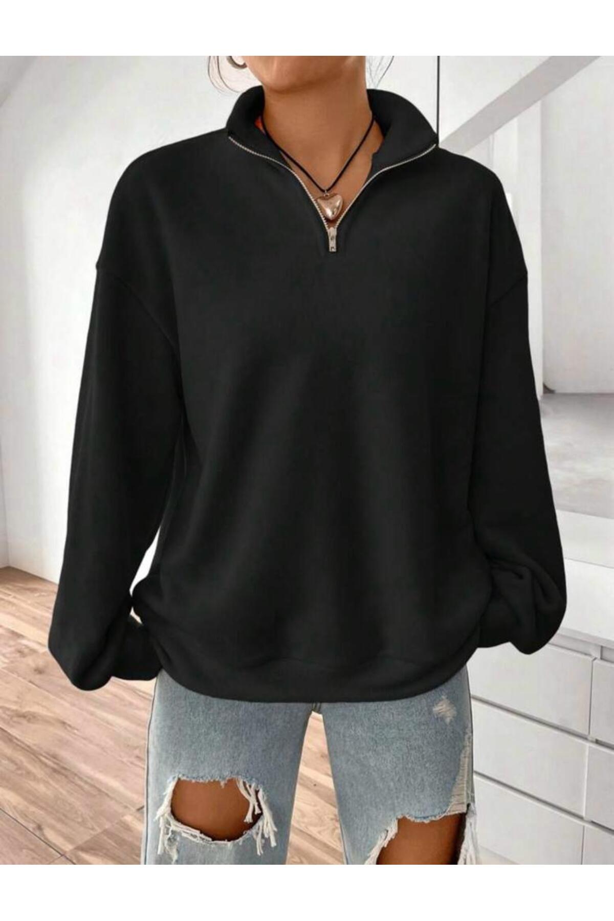 Siyah Dik Yaka Yarım Fermuarlı Düz Kazak Sweatshirt