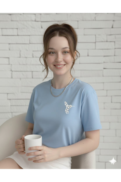 Colibri Baskılı Bisiklet Yaka Kadın Tshirt
