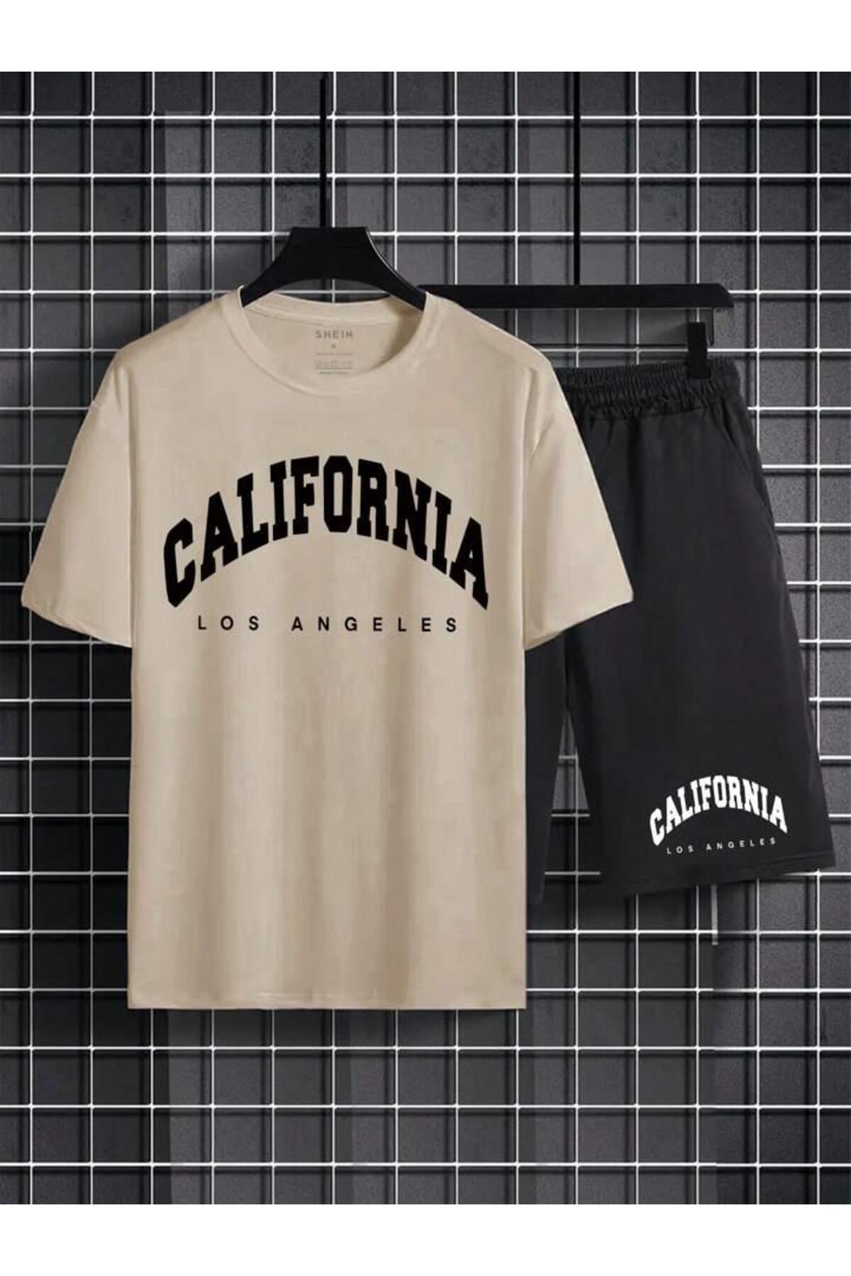 Erkek Siyah CALİFORNİA Baskılı Oversize T-shirt Şort TAKIMI