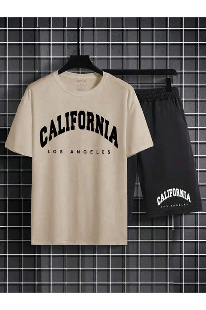 Erkek Siyah CALİFORNİA Baskılı Oversize T-shirt Şort TAKIMI