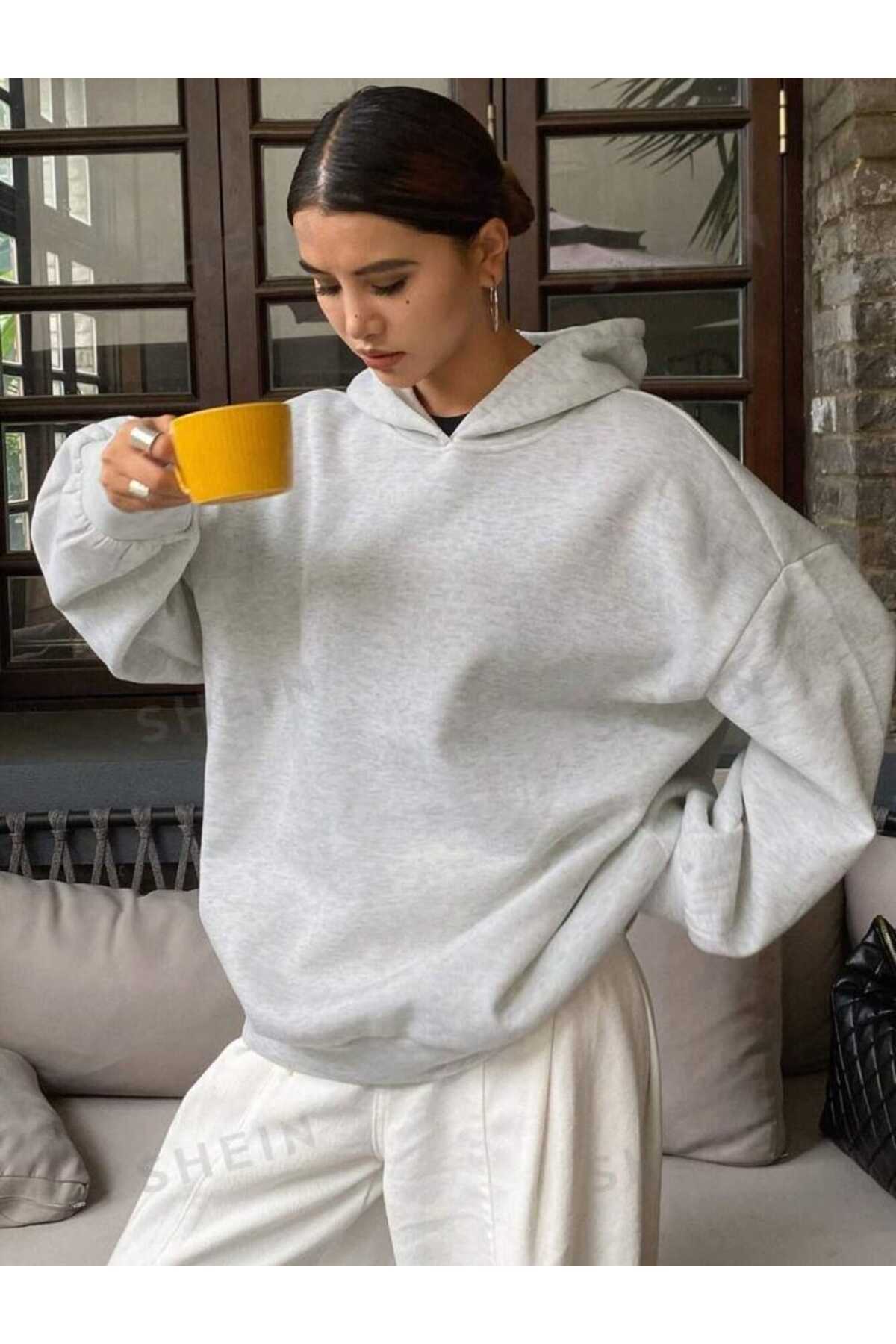 Kapüşonlu Düz Baskısız Giy Çık Oversize Kalıp Sweatshirt
