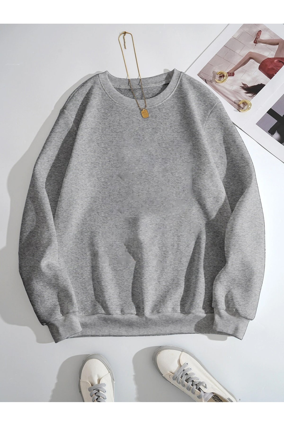 Düz Baskısız Giy Çık Oversize Kalıp Bisiklet Yaka Sweatshirt