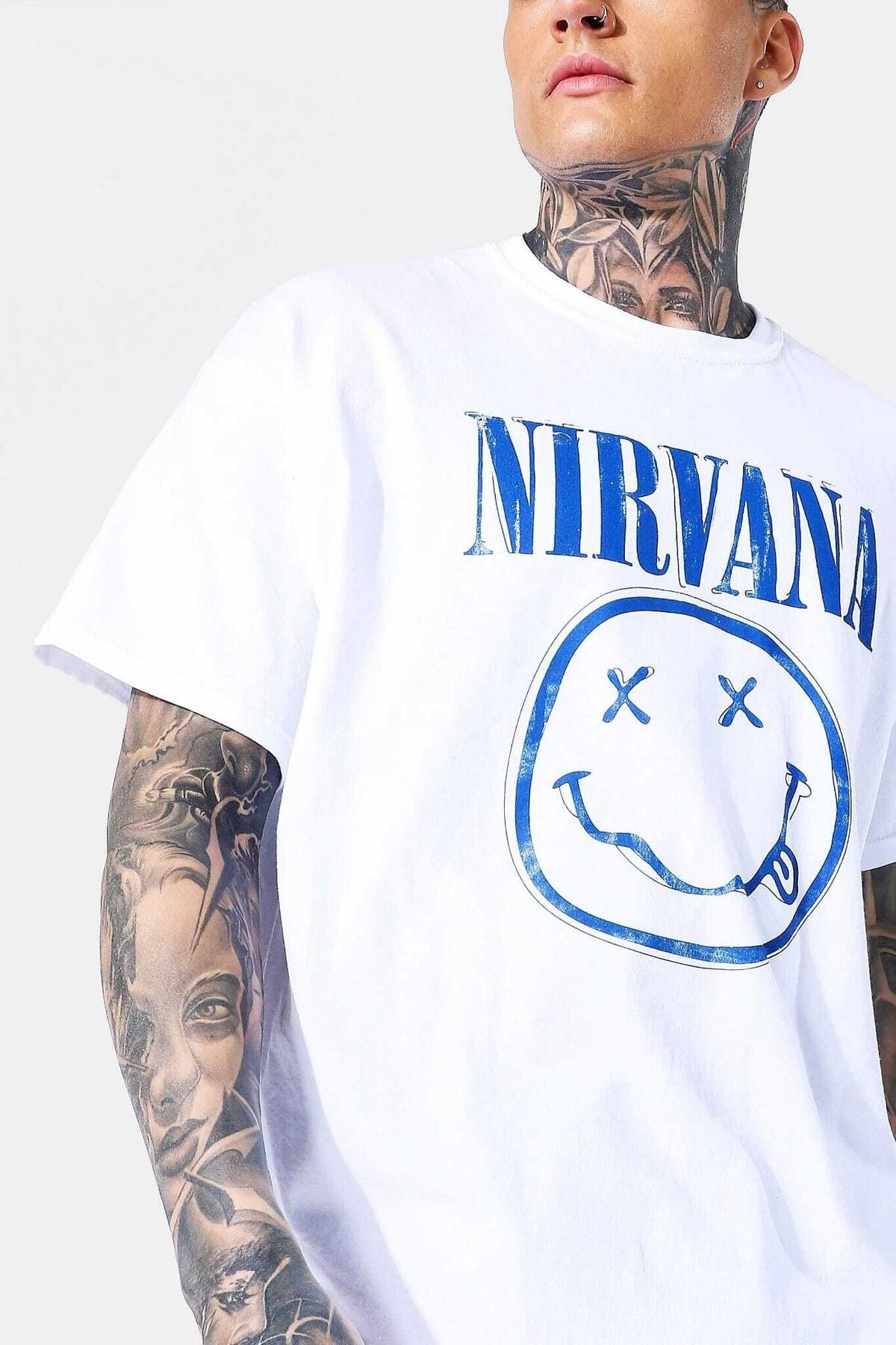 Nırvana Baskılı Oversıze Beyaz Bisiklet Yaka Spor Tshirt