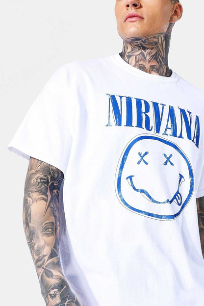 Nırvana Baskılı Oversıze Beyaz Bisiklet Yaka Spor Tshirt