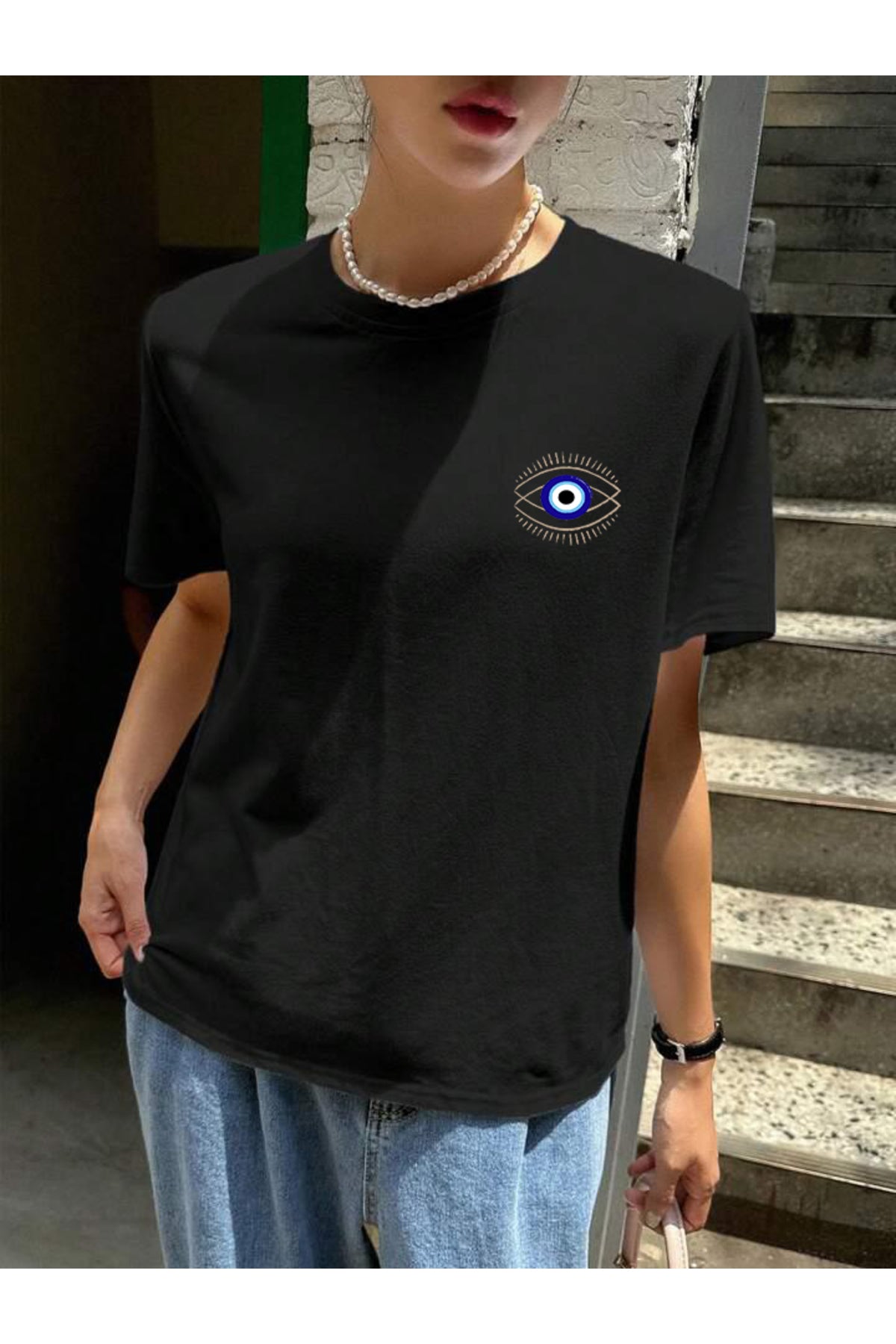 NAZAR BONCUĞU ve GÖZ Baskılı Pamuklu Kısa Kol (Oversize) Tshirt