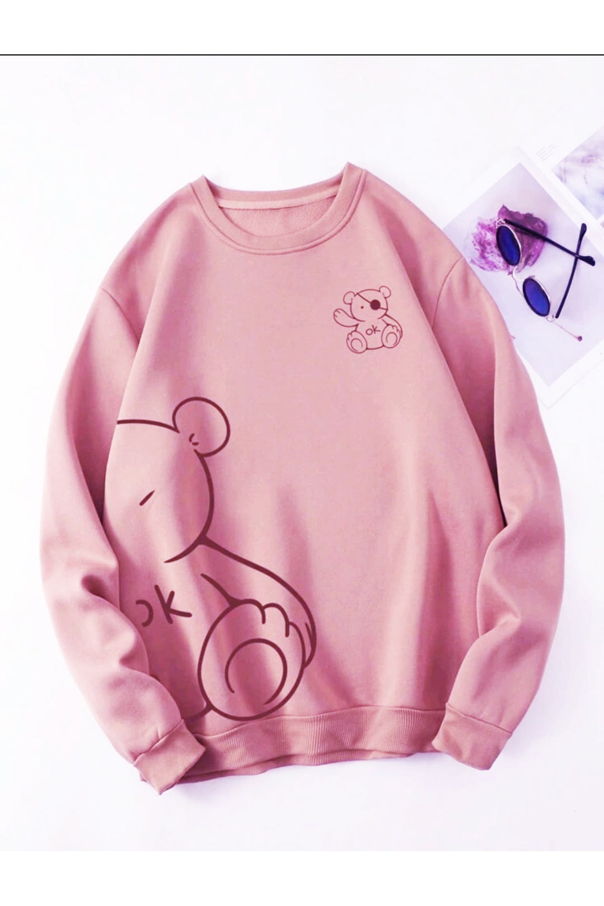 Sevimli Ayı Baskılı Bisiklet Yaka Oversize Pamuklu Sweatshirt ( GENİŞ KALIP )
