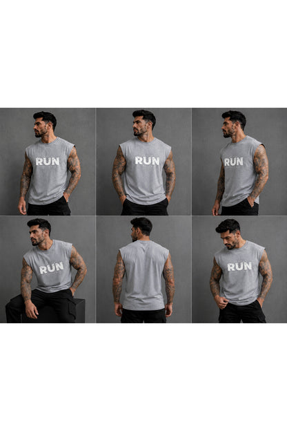 FASTER RUN Baskılı Erkek Sıfır Kol Atlet T-Shirt (%100 PAMUKLU)